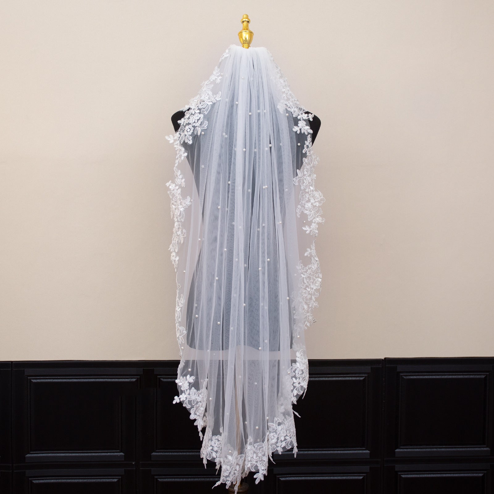 White Elegant Long Bridal Veil with Pearl Accents & Lace Edge - Includes Metal Comb