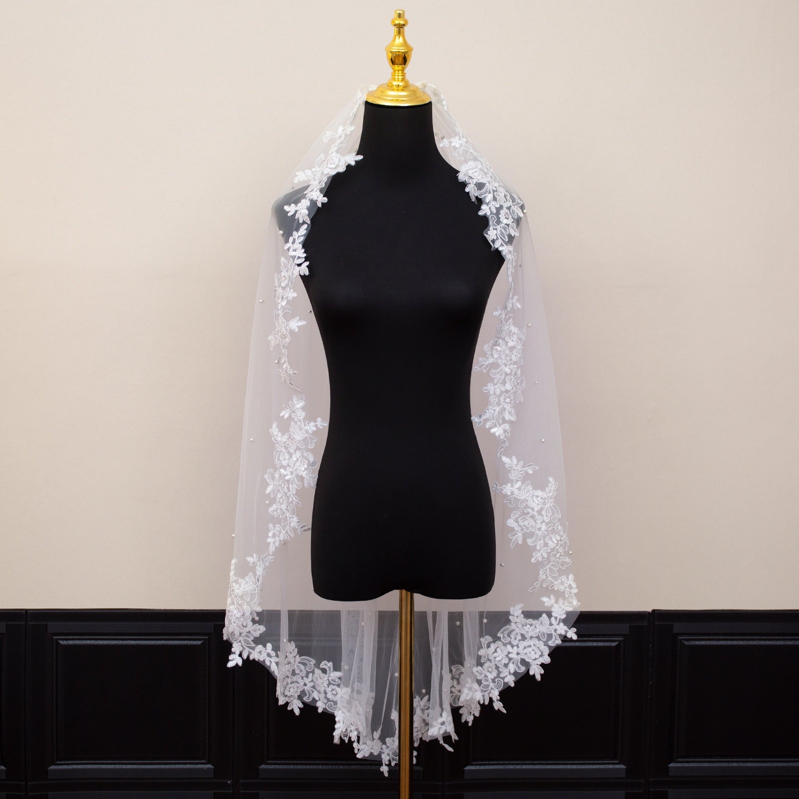 White Elegant Long Bridal Veil with Pearl Accents & Lace Edge - Includes Metal Comb 3