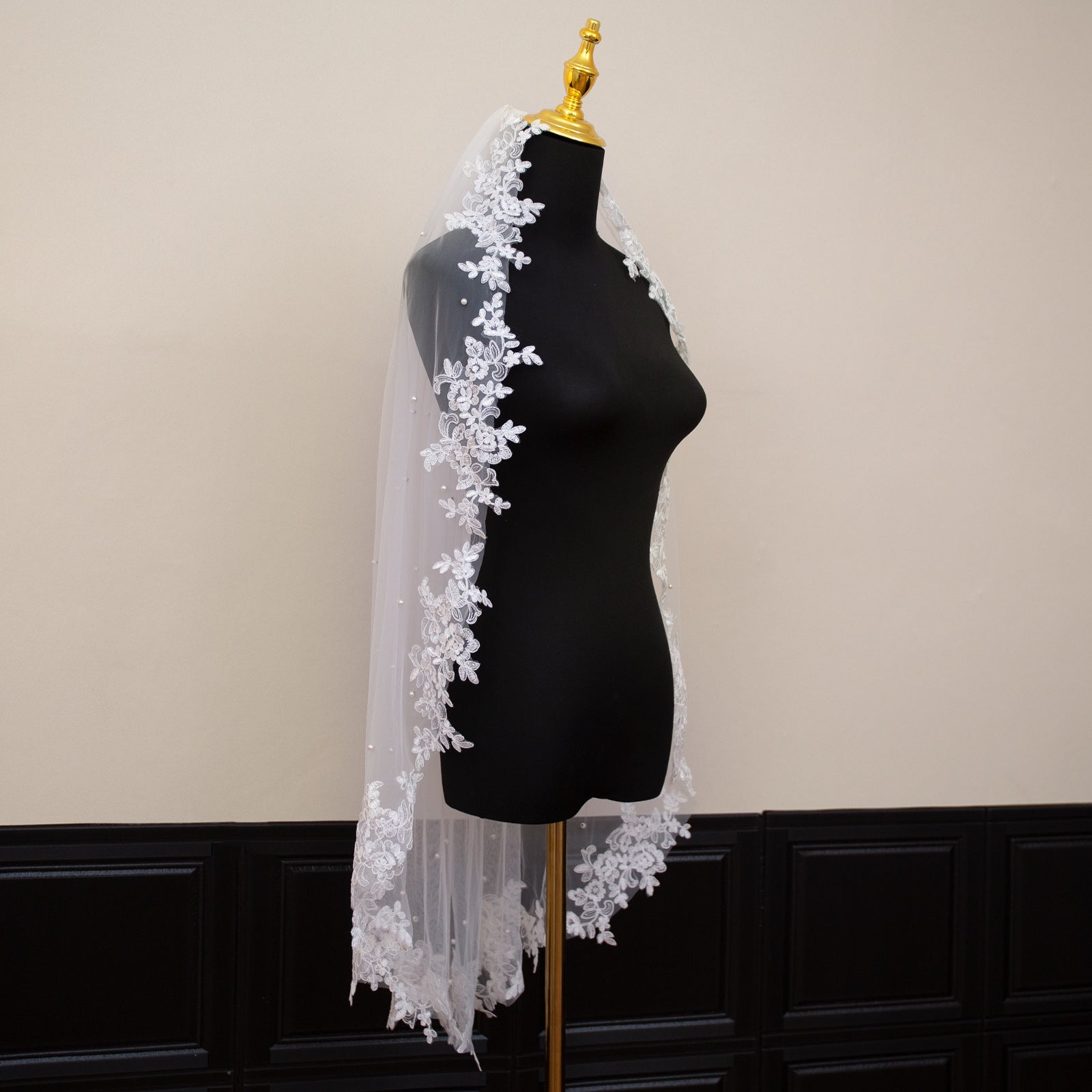 White Elegant Long Bridal Veil with Pearl Accents & Lace Edge - Includes Metal Comb 4