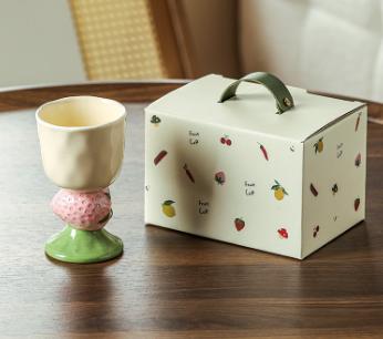 Pink Whimsical Strawberry Stem Ceramic Goblet - 150ml Hand-Painted Strawberry Design, Unique Coffee & Drinkware Gift with Box