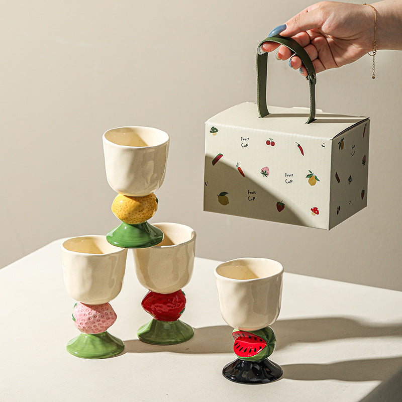 Pink Whimsical Strawberry Stem Ceramic Goblet - 150ml Hand-Painted Strawberry Design, Unique Coffee & Drinkware Gift with Box 3