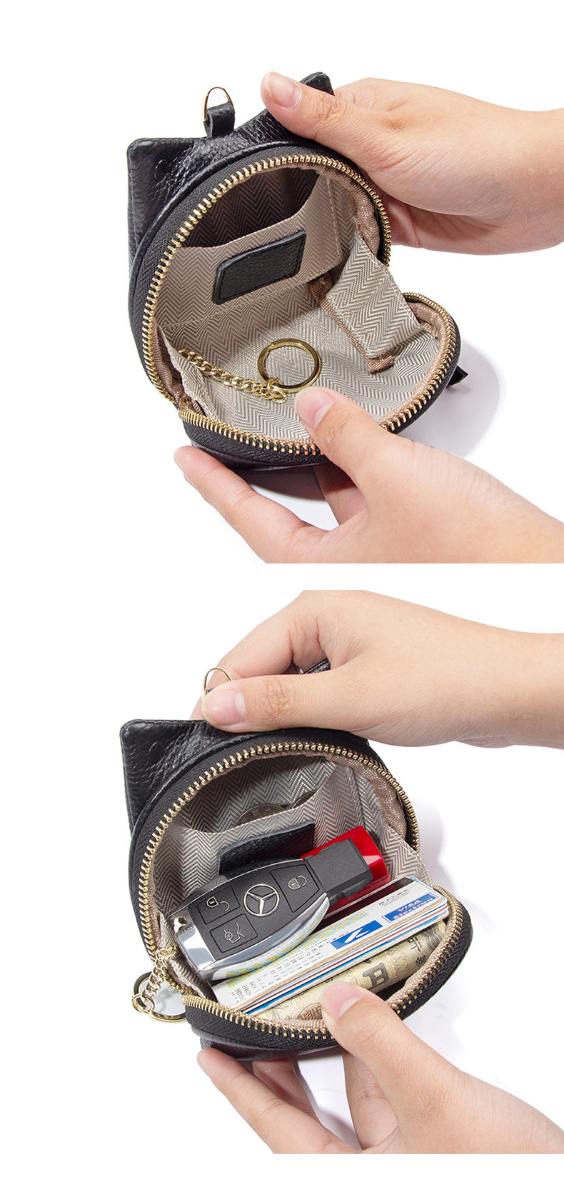 Beige Leather Frog Design Coin Purse - Cute Cartoon Mini Wallet Pouch for Keys & Coins with Keyring 3