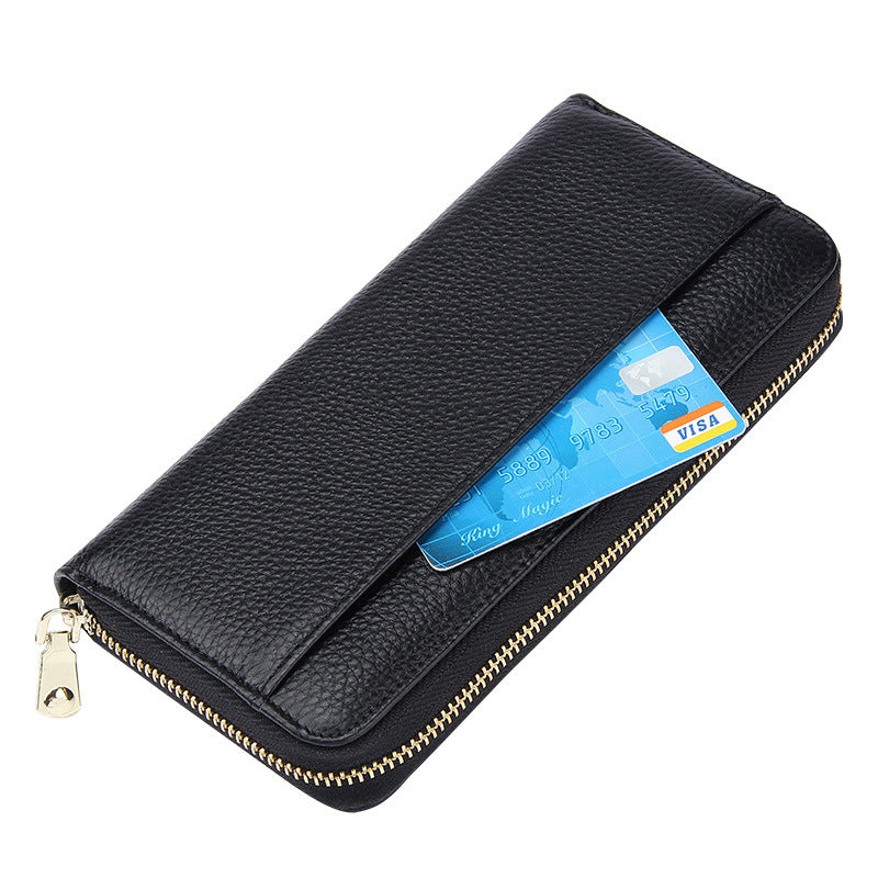 Black Premium Genuine Leather RFID Blocking Long Wallet - Unisex Multi-Card Organizer Clutch with Zip-Around Closure 4