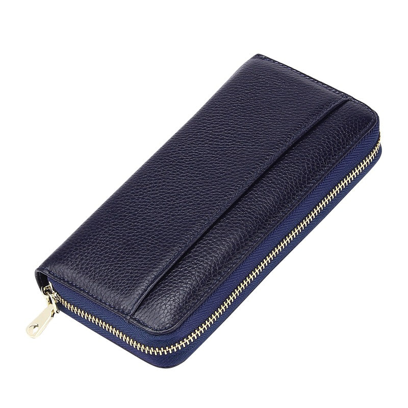 Dark Blue Premium Genuine Leather RFID Blocking Long Wallet - Unisex Multi-Card Organizer Clutch with Zip-Around Closure