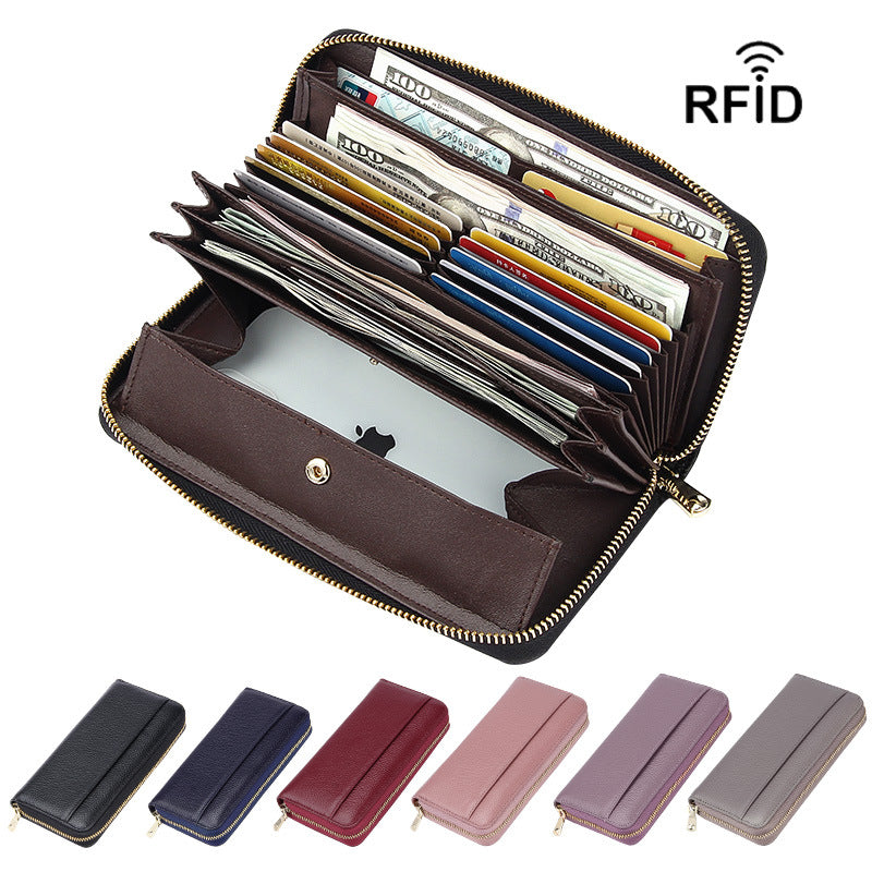 Wine Red Premium Genuine Leather RFID Blocking Long Wallet - Unisex Multi-Card Organizer Clutch with Zip-Around Closure
