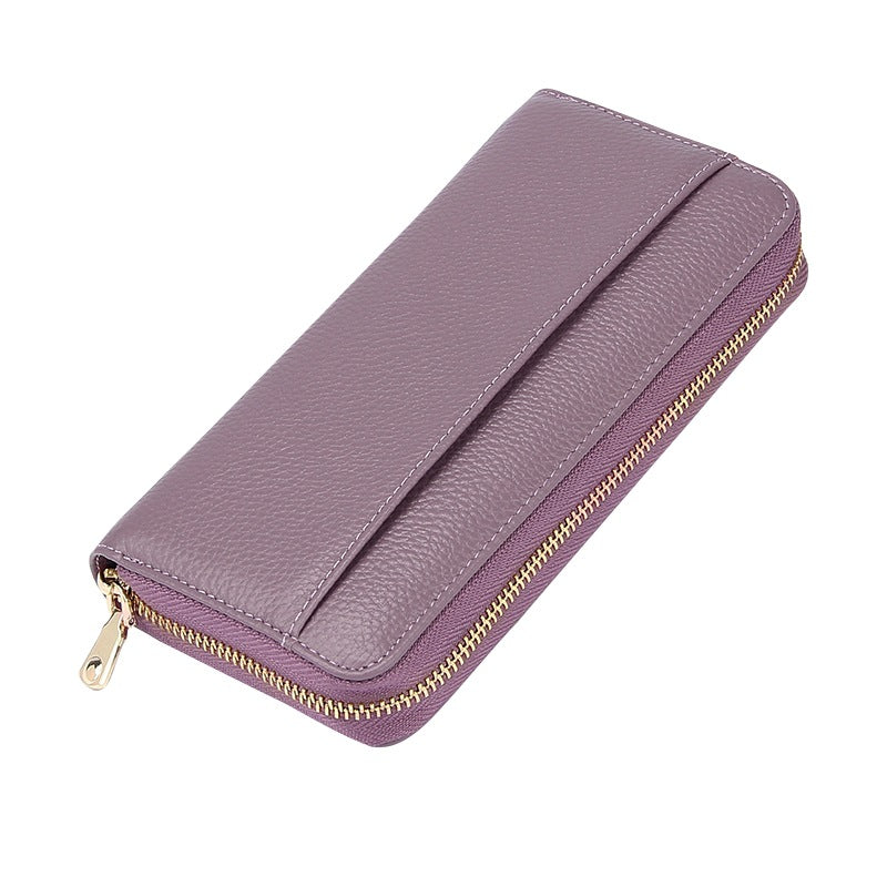 Purple Premium Genuine Leather RFID Blocking Long Wallet - Unisex Multi-Card Organizer Clutch with Zip-Around Closure