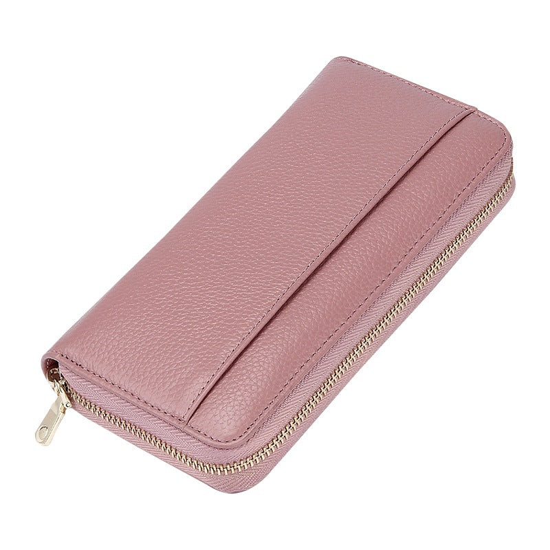 Pink Premium Genuine Leather RFID Blocking Long Wallet - Unisex Multi-Card Organizer Clutch with Zip-Around Closure