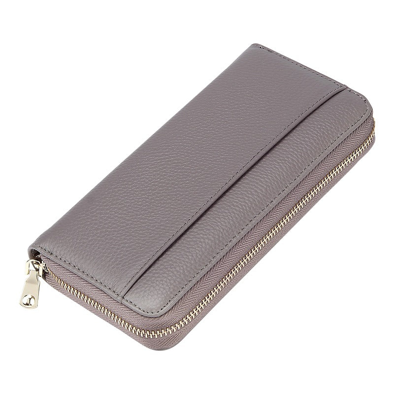 Grey Premium Genuine Leather RFID Blocking Long Wallet - Unisex Multi-Card Organizer Clutch with Zip-Around Closure