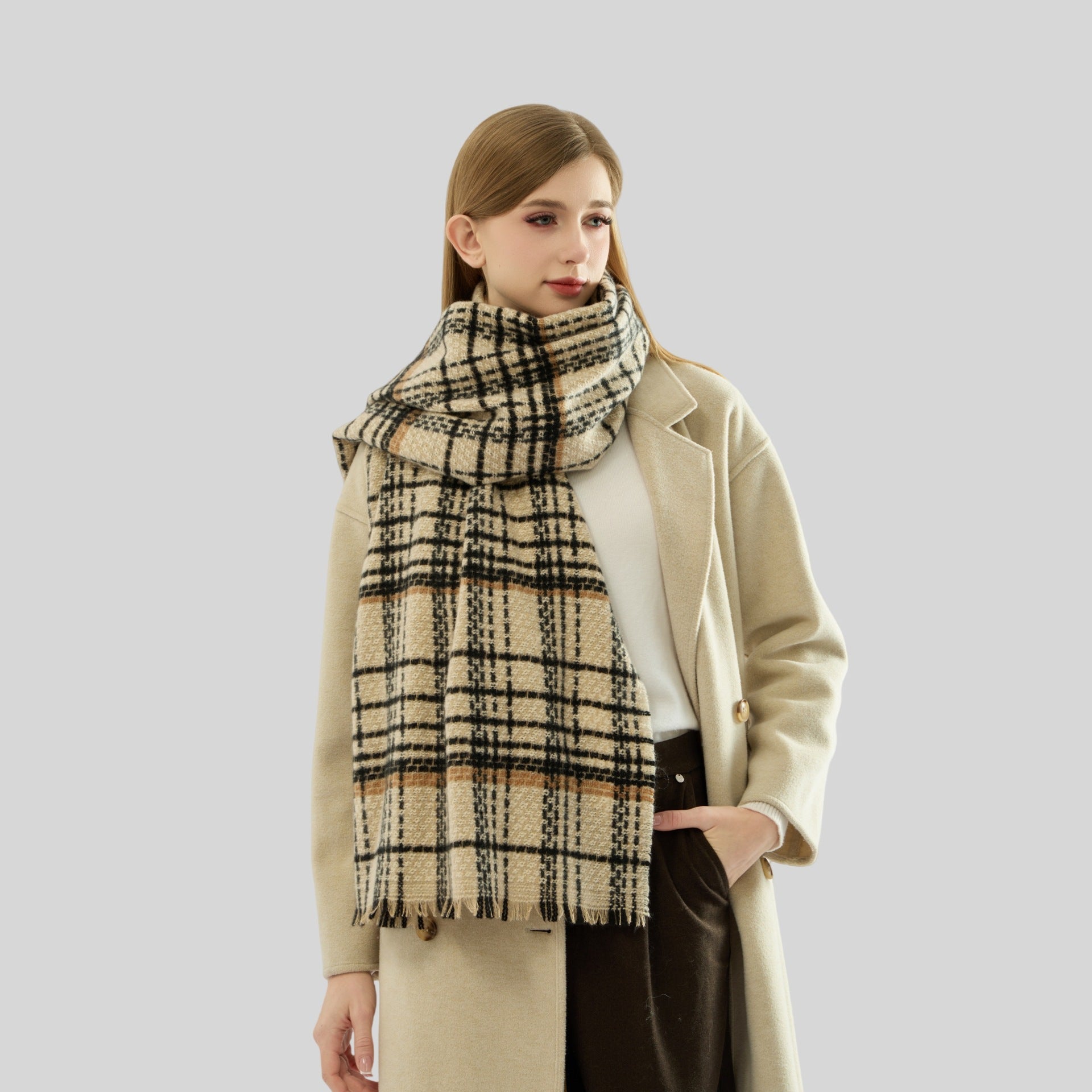 Beige Chic Plaid Winter Scarf - Large Soft Polyester Shawl Wrap with Tassels, Korean Inspired Fashion 3
