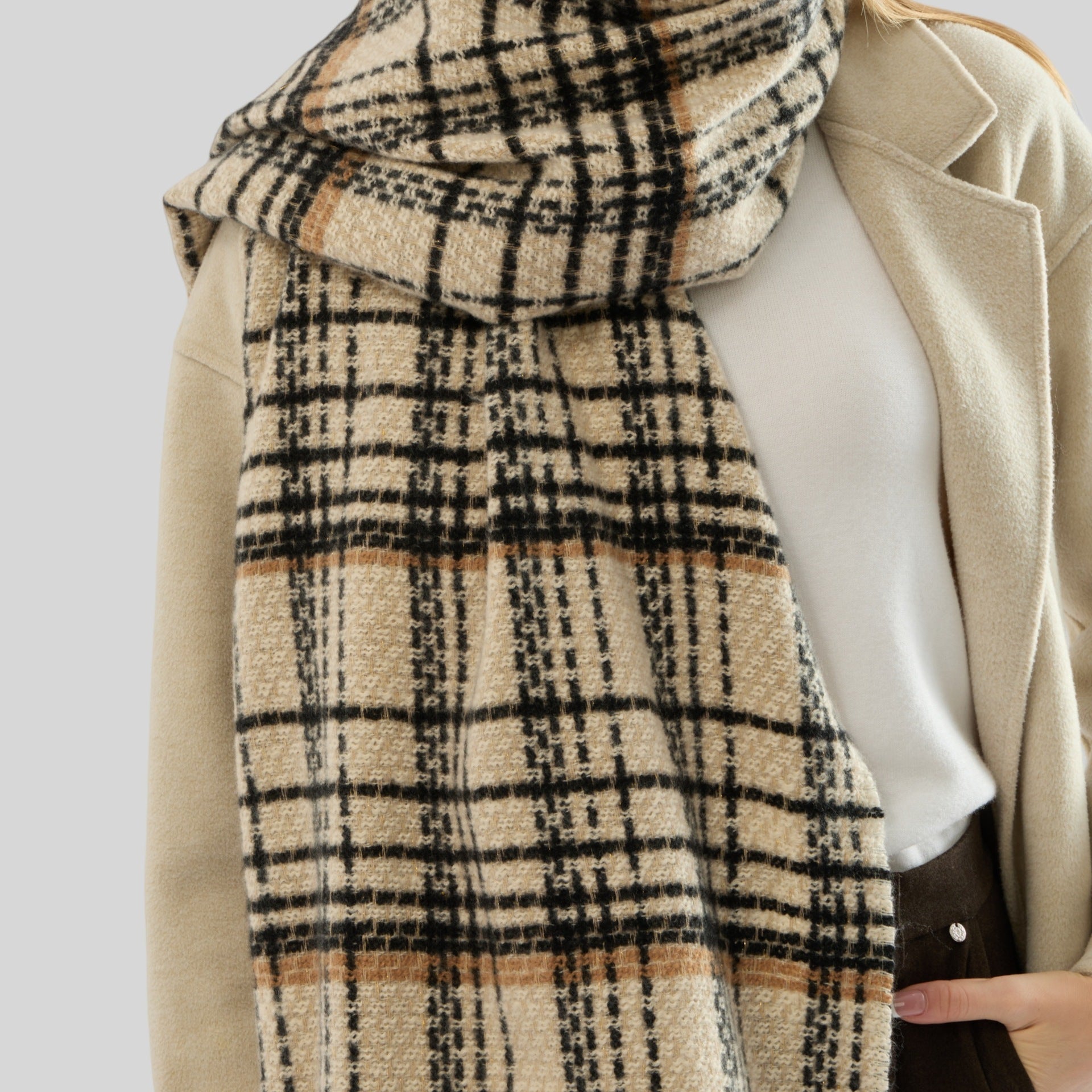 Coffee Chic Plaid Winter Scarf - Large Soft Polyester Shawl Wrap with Tassels, Korean Inspired Fashion 4