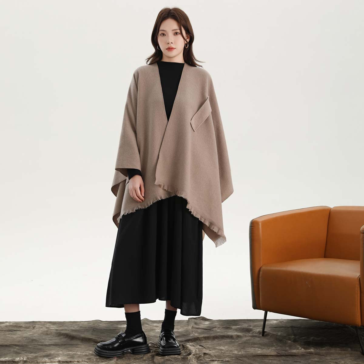 Khaki Elegant Soft Knit Poncho Cape - Warm Autumn Winter Shawl Wrap with Side Tie, Thick & Luxurious Feel 3