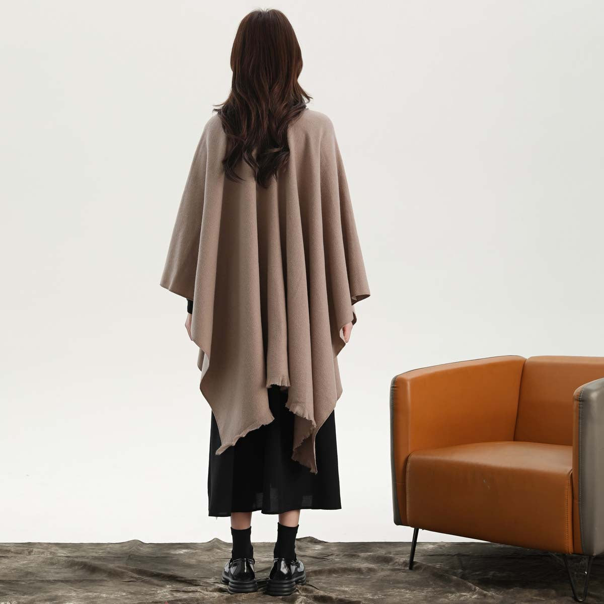 Khaki Elegant Soft Knit Poncho Cape - Warm Autumn Winter Shawl Wrap with Side Tie, Thick & Luxurious Feel 5