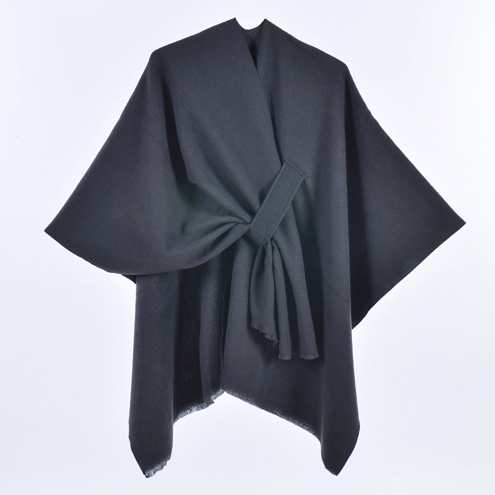 Black Elegant Soft Knit Poncho Cape - Warm Autumn Winter Shawl Wrap with Side Tie, Thick & Luxurious Feel