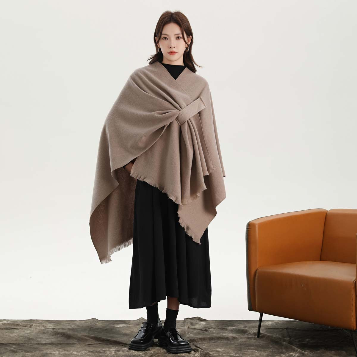 Dark Blue Elegant Soft Knit Poncho Cape - Warm Autumn Winter Shawl Wrap with Side Tie, Thick & Luxurious Feel