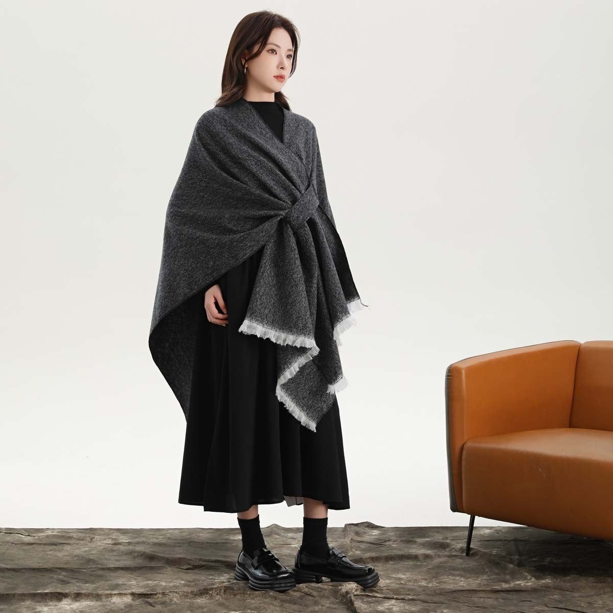 Black and White Elegant Soft Knit Poncho Cape - Warm Autumn Winter Shawl Wrap with Side Tie, Thick & Luxurious Feel 3