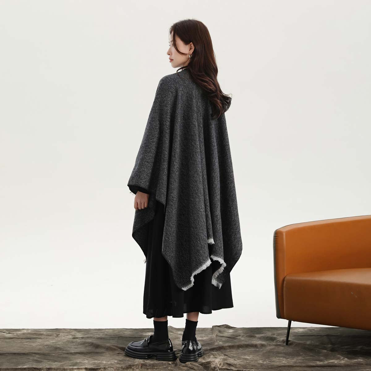 Black and White Elegant Soft Knit Poncho Cape - Warm Autumn Winter Shawl Wrap with Side Tie, Thick & Luxurious Feel 4