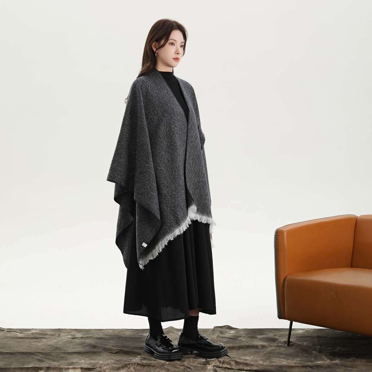 Black and White Elegant Soft Knit Poncho Cape - Warm Autumn Winter Shawl Wrap with Side Tie, Thick & Luxurious Feel 5
