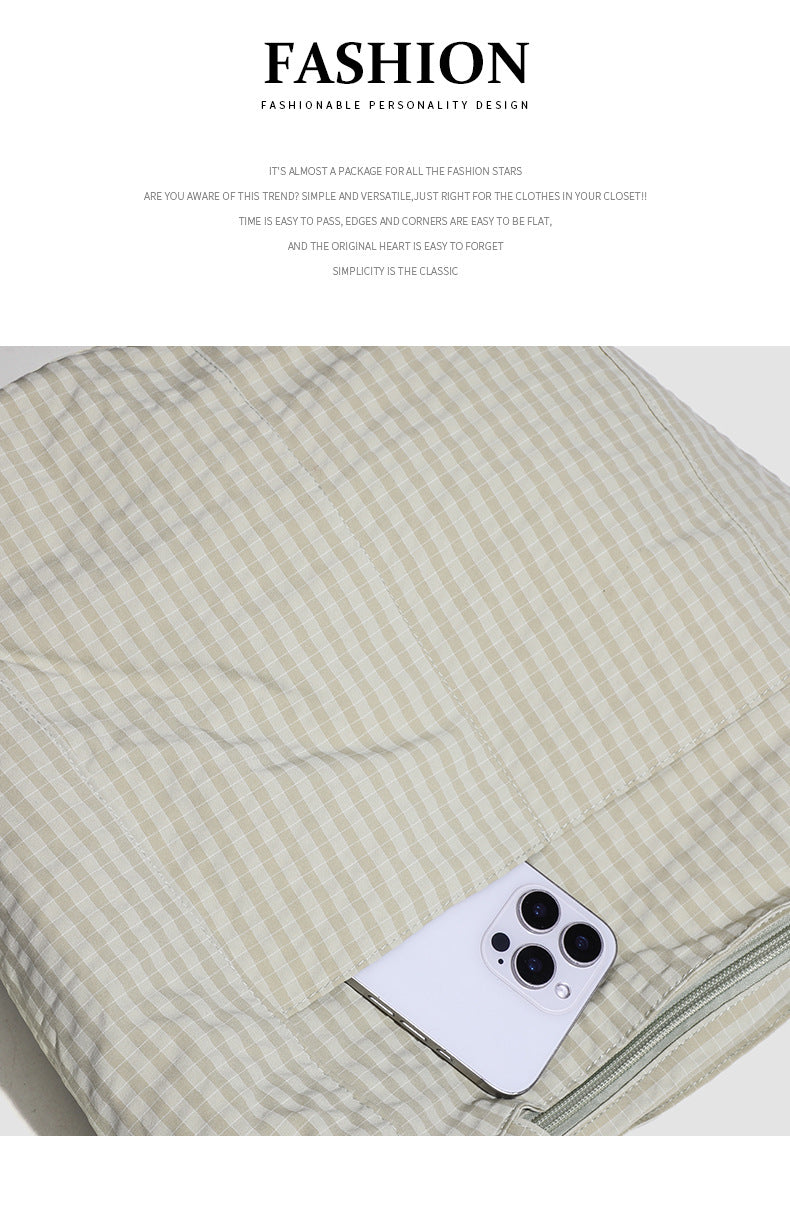 Brown Stylish Lightweight Seersucker Gingham Tote Bag - Spacious Multi-Pocket Shoulder Bag with Zipper 5