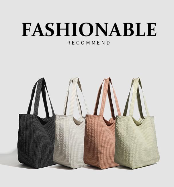 Beige Stylish Lightweight Seersucker Gingham Tote Bag - Spacious Multi-Pocket Shoulder Bag with Zipper 3