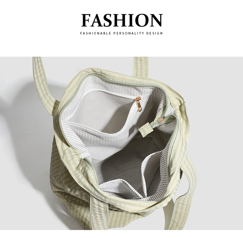 Beige Stylish Lightweight Seersucker Gingham Tote Bag - Spacious Multi-Pocket Shoulder Bag with Zipper 4