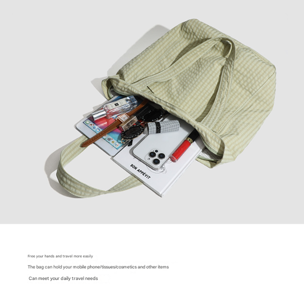 Beige Stylish Lightweight Seersucker Gingham Tote Bag - Spacious Multi-Pocket Shoulder Bag with Zipper 5