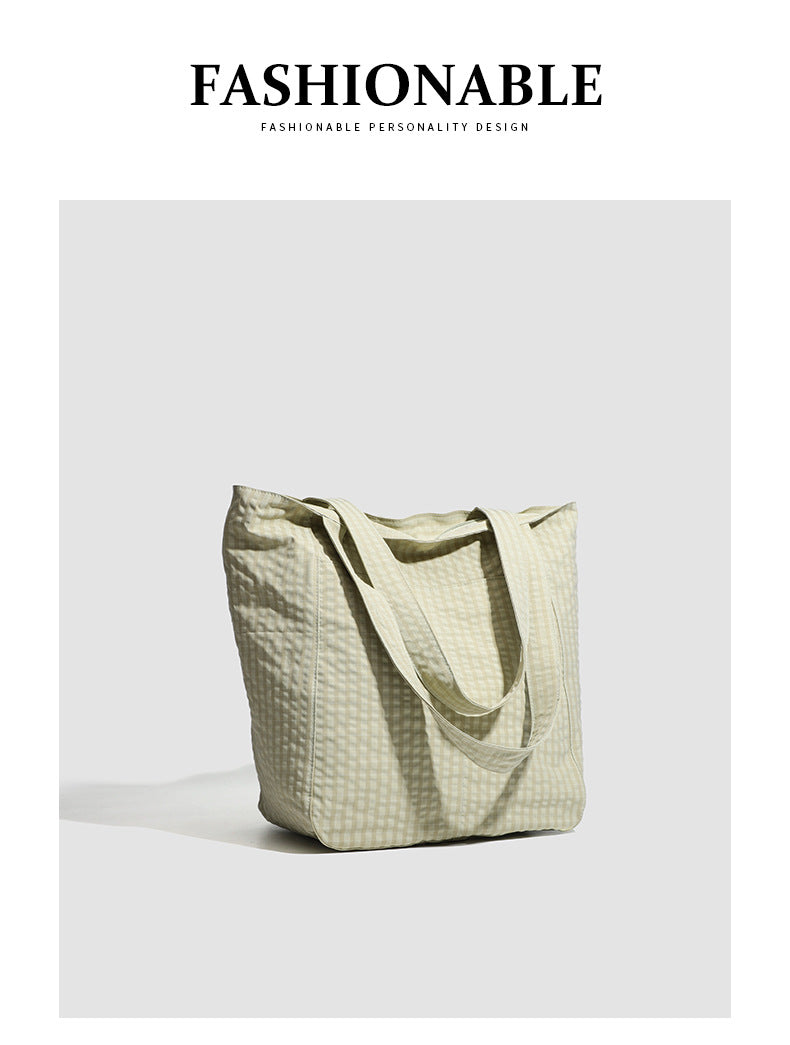Beige Stylish Lightweight Seersucker Gingham Tote Bag - Spacious Multi-Pocket Shoulder Bag with Zipper 7