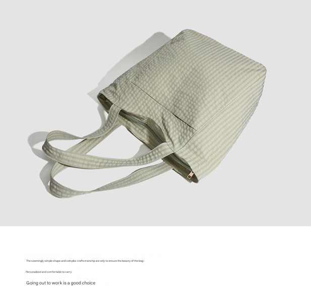 Beige Stylish Lightweight Seersucker Gingham Tote Bag - Spacious Multi-Pocket Shoulder Bag with Zipper 8