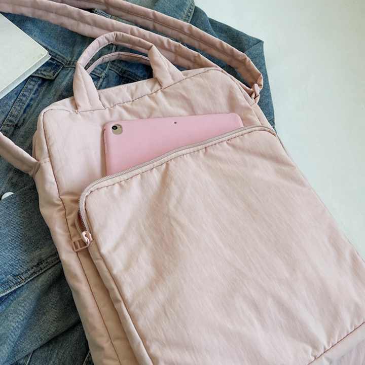 Beige Lightweight Nylon Vertical Crossbody Tote Bag - Casual Shoulder Bag with Adjustable Strap & Pockets 5