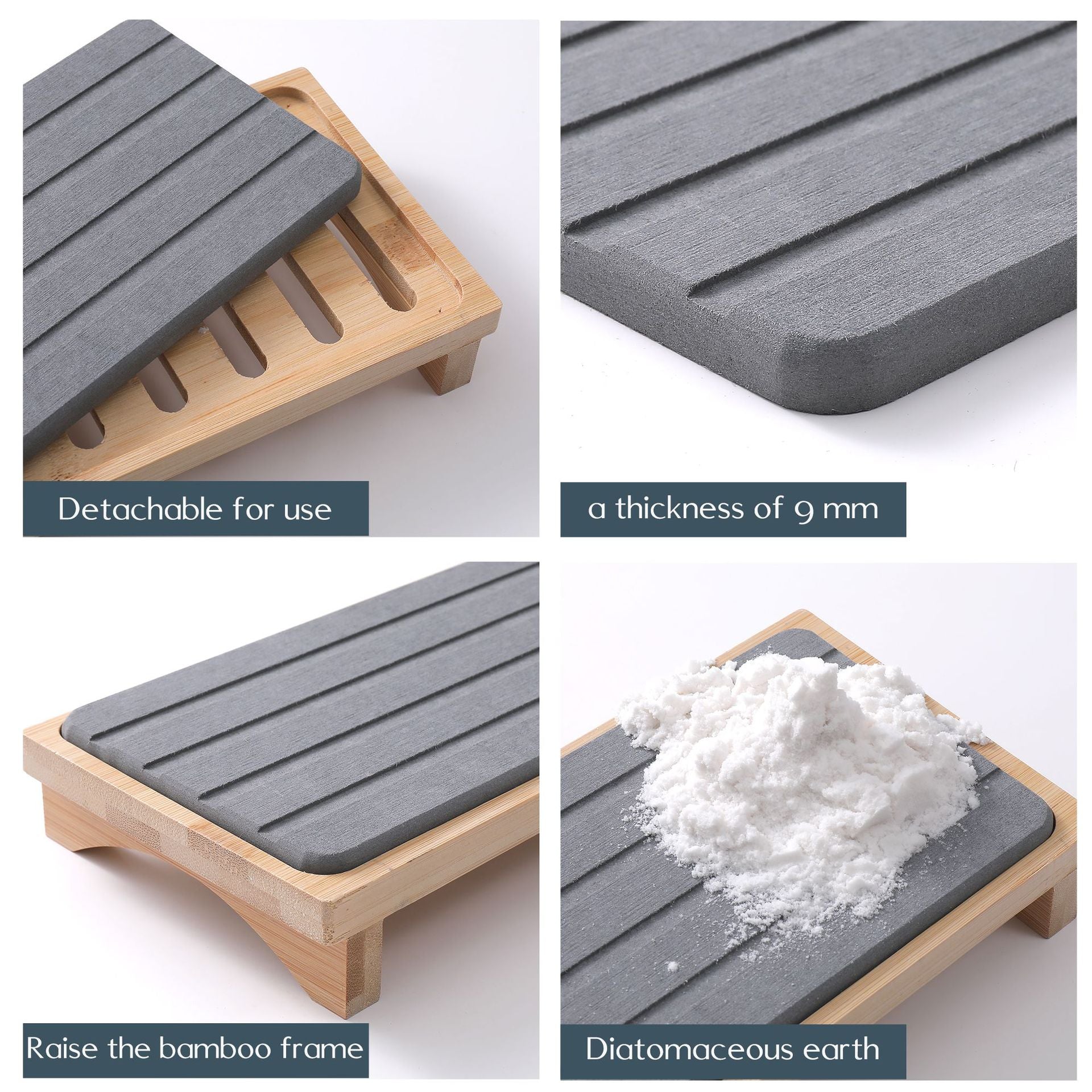 Dark Grey Natural Diatomaceous Earth Absorbent Drying Tray with Bamboo Base - Quick-Dry Stone Mat for Kitchen & Bathroom Sink 4