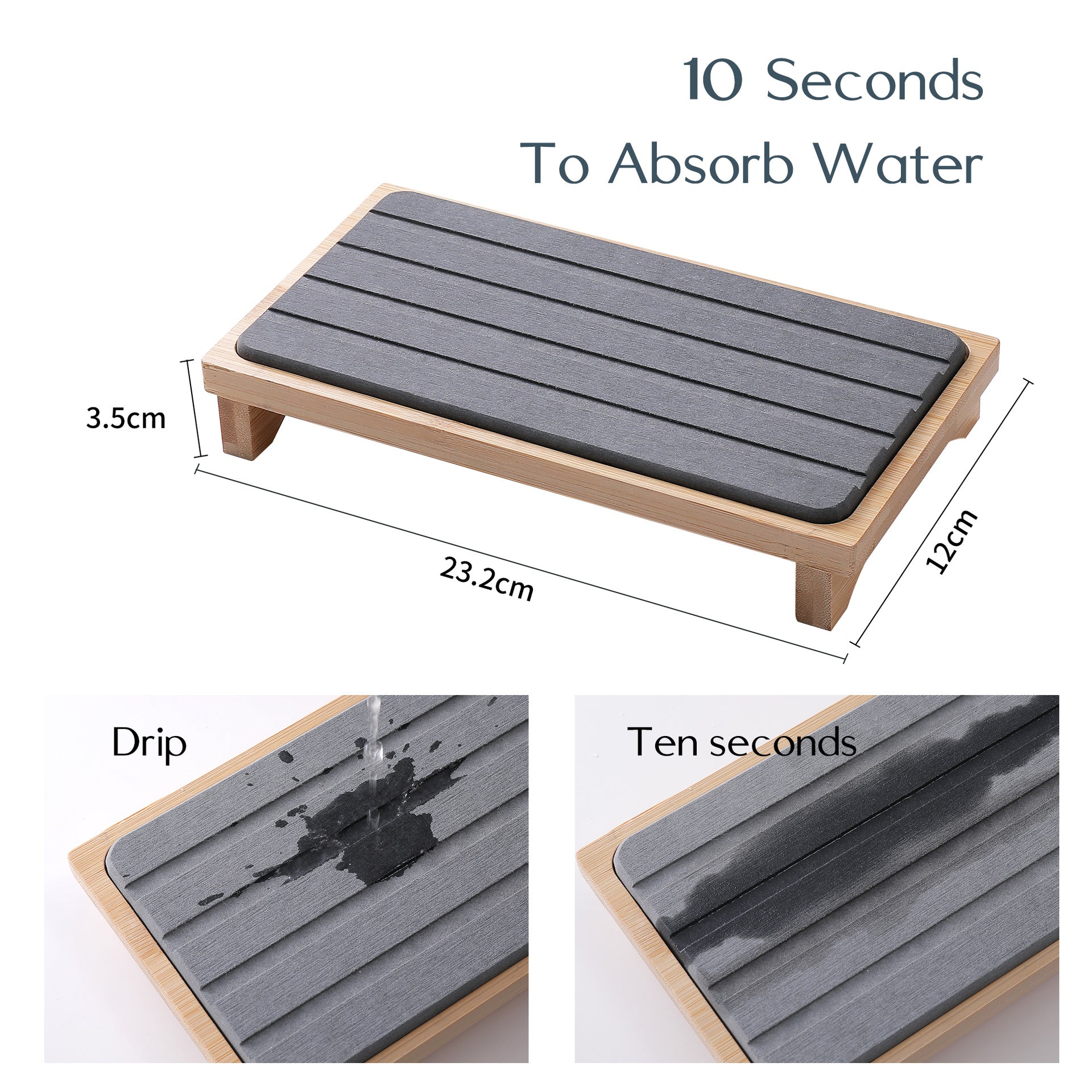 Light Grey Natural Diatomaceous Earth Absorbent Drying Tray with Bamboo Base - Quick-Dry Stone Mat for Kitchen & Bathroom Sink 3