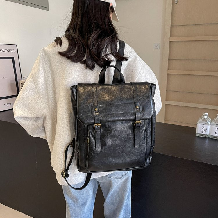 Black Vintage Style PU Leather Backpack - Large Capacity Women's Rucksack for University, Commute & Travel 3