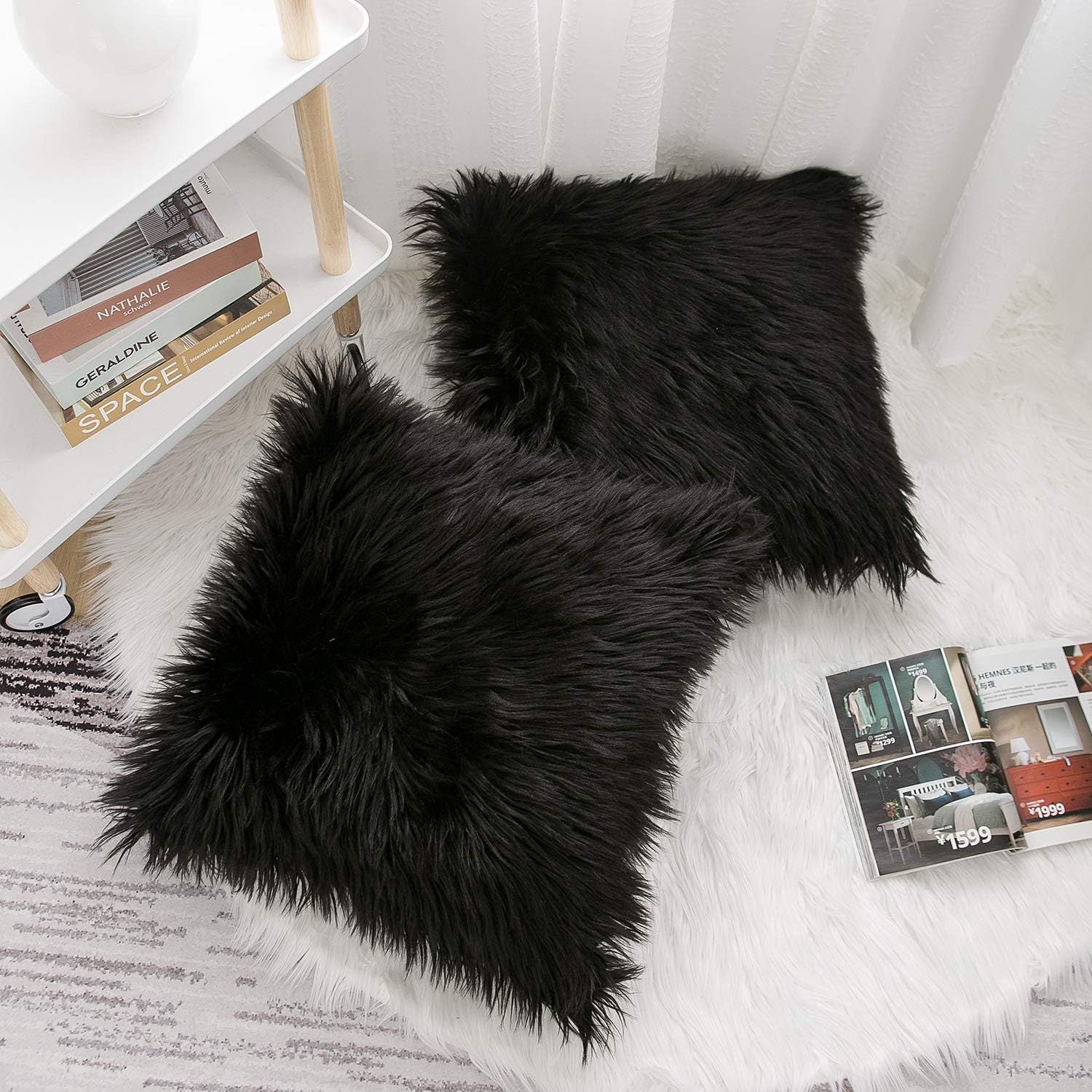 Black Luxurious Long Faux Fur Cushion Covers - Set of 2, 45x45cm Soft Plush Decorative Pillowcases for Sofa & Bed 3