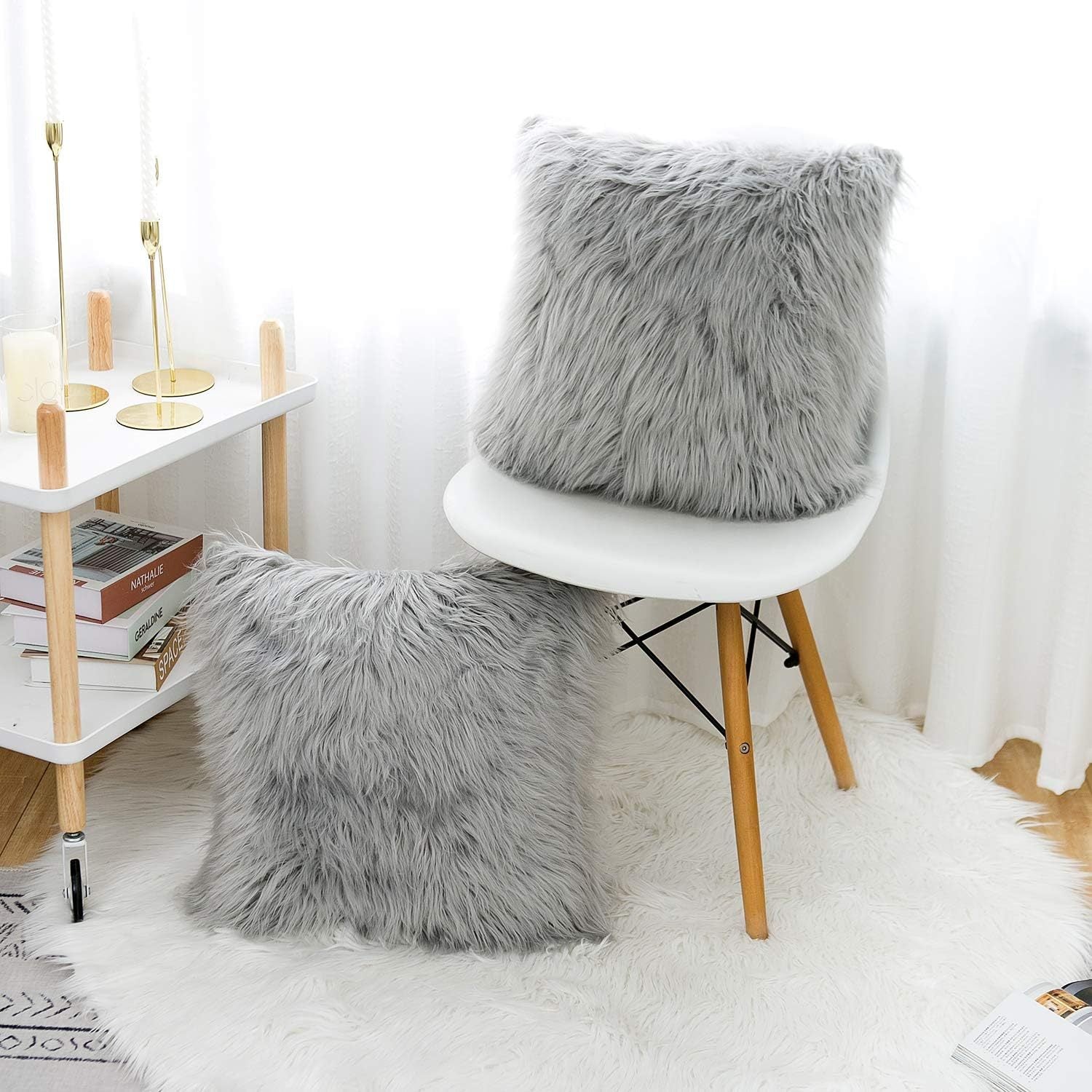 Grey Luxurious Long Faux Fur Cushion Covers - Set of 2, 45x45cm Soft Plush Decorative Pillowcases for Sofa & Bed 4