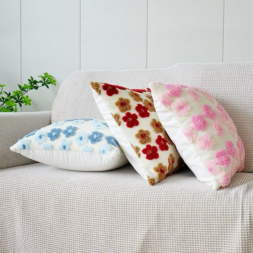 Red and Brown Charming 3D Floral Plush Cushion Covers - Set of 4, 45x45cm Soft Faux Lambswool Pillowcases for Sofa & Bed Decor 3
