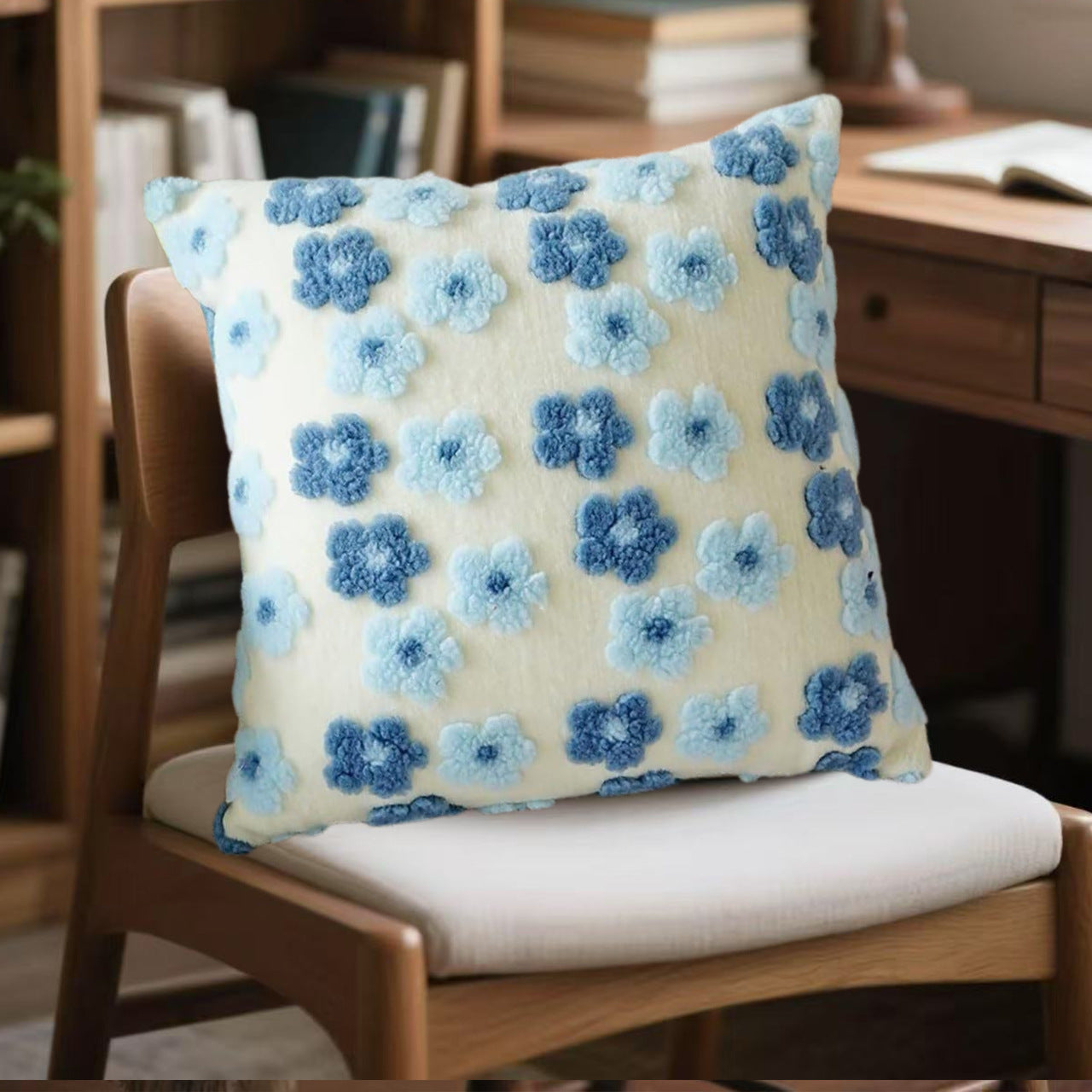 Blue Charming 3D Floral Plush Cushion Covers - Set of 4, 45x45cm Soft Faux Lambswool Pillowcases for Sofa & Bed Decor