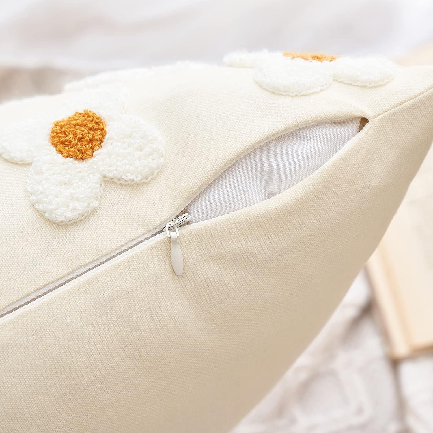 Beige and Khaki Charming 3D Daisy Embroidered Canvas Cushion Covers - Set of 2, 45x45cm Soft Textured Decorative Pillowcases 3