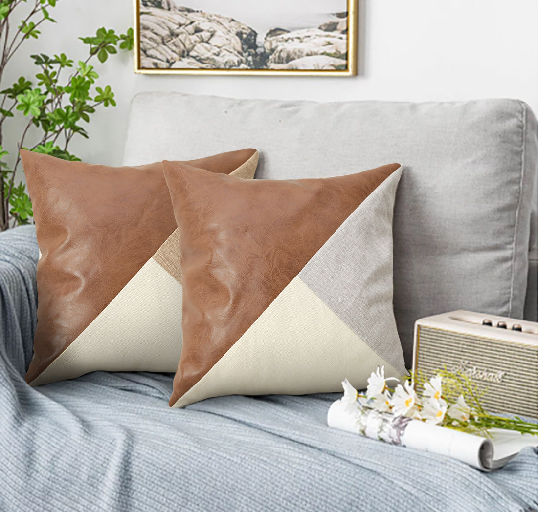 Khaki and Gray Modern Geometric Faux Leather & Cotton-Linen Cushion Covers - Set of 2, 45x45cm Decorative Pillowcases for Sofa & Car