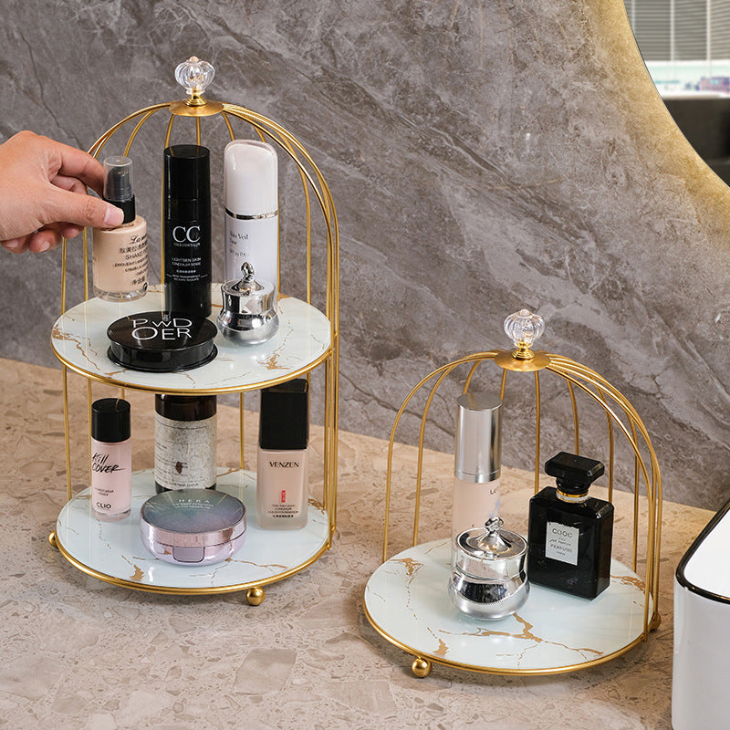 Gold and White Elegant 2-Tier Gold Birdcage Cosmetic Organizer - Wrought Iron Countertop Storage Rack for Skincare, Makeup & Jewelry 6