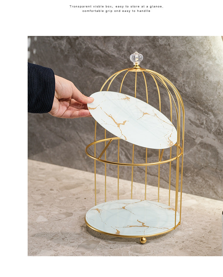 Gold and Black Elegant 2-Tier Gold Birdcage Cosmetic Organizer - Wrought Iron Countertop Storage Rack for Skincare, Makeup & Jewelry 3