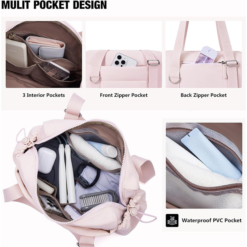 Beige Chic Women's Mini Gym Duffel Bag - Lightweight Nylon Shoulder Tote with Wet Pocket, Multiple Compartments & Removable Pouch 3