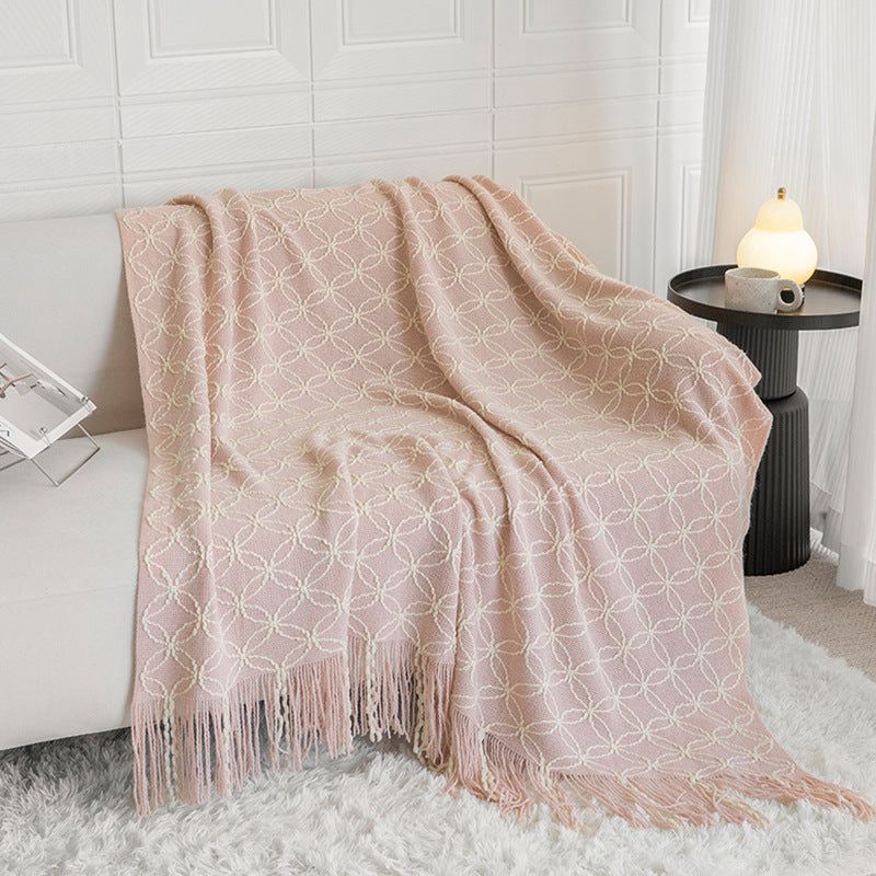Pink Cozy Geometric Knitted Throw Blanket with Tassels - Soft Acrylic Decorative Sofa & Bed Cover, 130x180cm