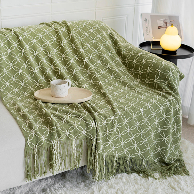 Dark Green Cozy Geometric Knitted Throw Blanket with Tassels - Soft Acrylic Decorative Sofa & Bed Cover, 130x180cm