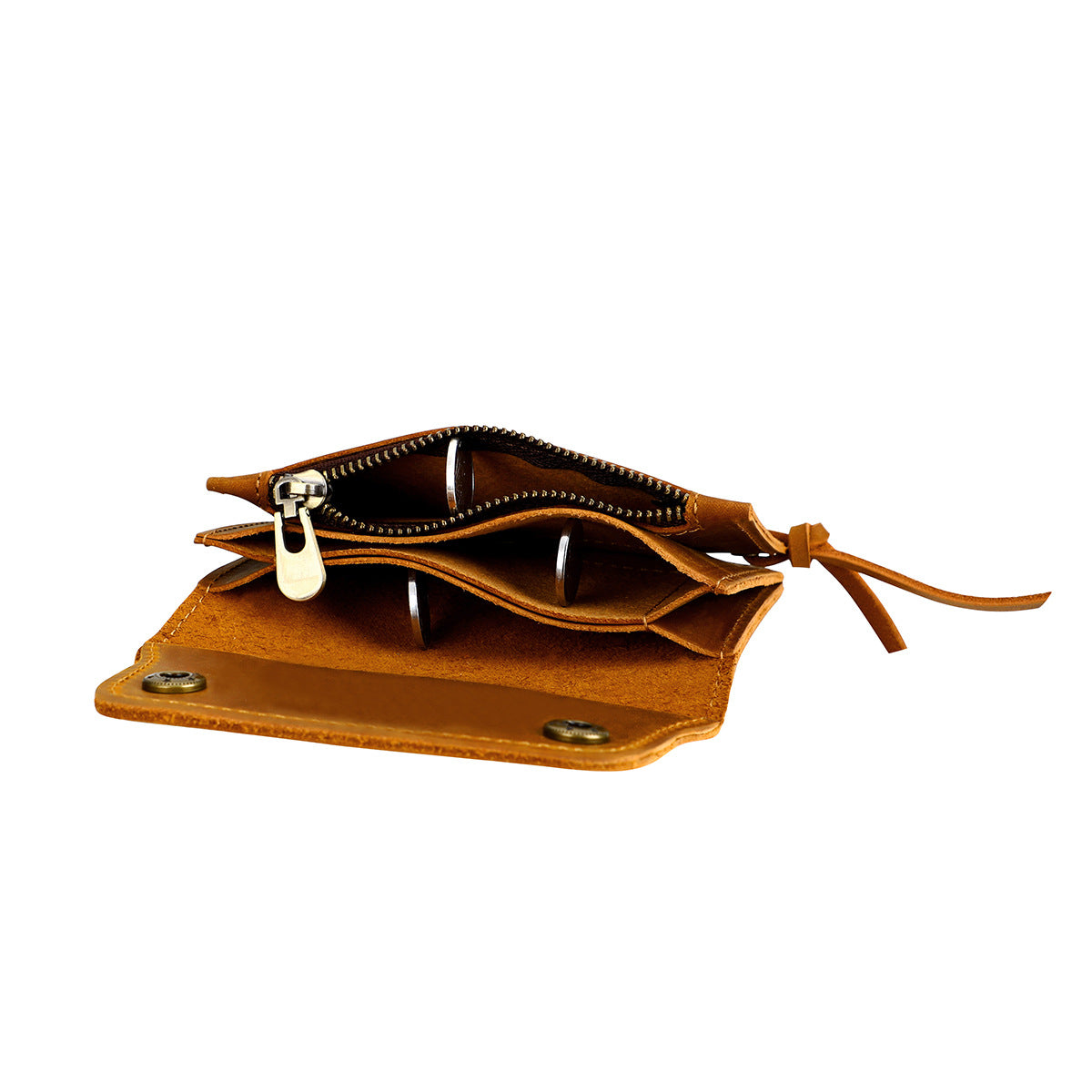 Khaki Vintage Handmade Crazy Horse Leather Wallet - Compact Card Holder & Zippered Coin Purse with Snap Closure 3