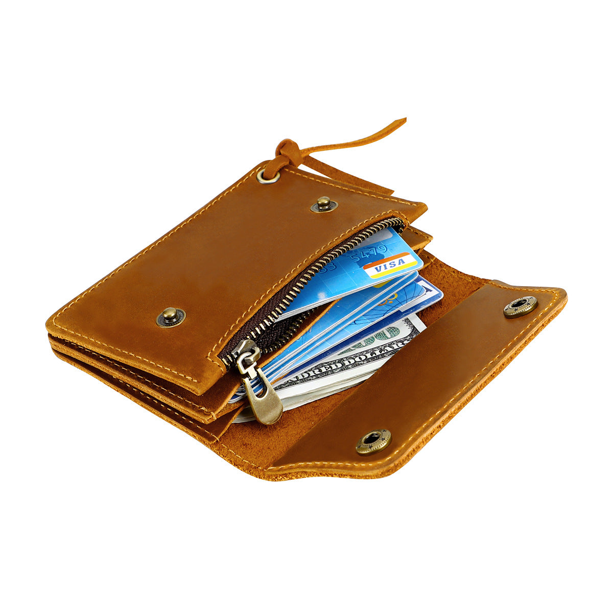 Black Vintage Handmade Crazy Horse Leather Wallet - Compact Card Holder & Zippered Coin Purse with Snap Closure 6