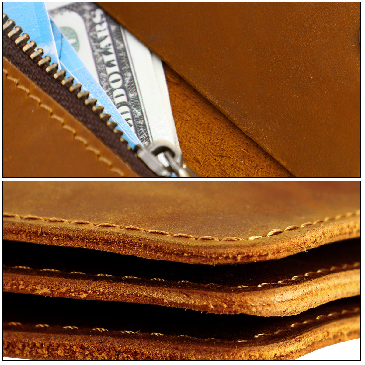 Black Vintage Handmade Crazy Horse Leather Wallet - Compact Card Holder & Zippered Coin Purse with Snap Closure 8