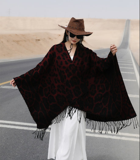 Wine-red Bold Leopard Print Poncho Cape - Women's Warm Oversized Shawl Wrap (130x150cm) 3