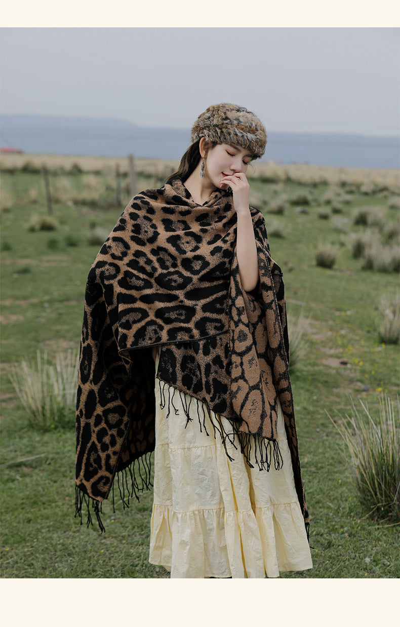 Khaki Bold Leopard Print Poncho Cape - Women's Warm Oversized Shawl Wrap (130x150cm) 3