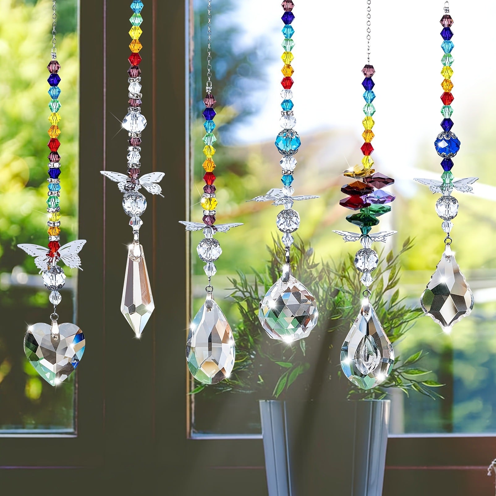 Set of 6 Crystal Suncatcher Hanging Ornaments - Butterfly Star Moon Prism Window Decor 4