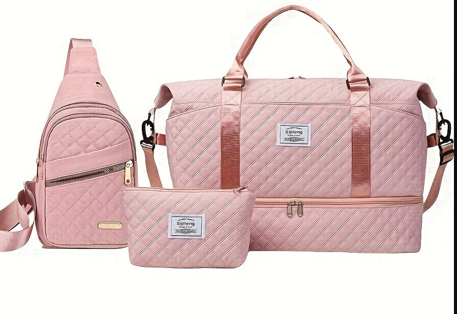 Pink Stylish 3-Piece Quilted Travel Bag Set - Weekender Duffel with Shoe Compartment, Sling Bag & Cosmetic Pouch