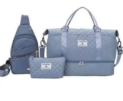 Blue Stylish 3-Piece Quilted Travel Bag Set - Weekender Duffel with Shoe Compartment, Sling Bag & Cosmetic Pouch